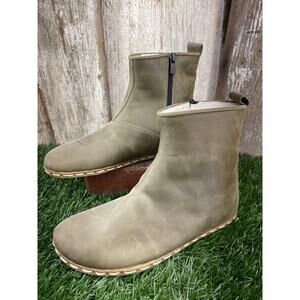 Nefes Handmade Women's Light Olive Green Leather Barefoot Ankle Boots Women's 7